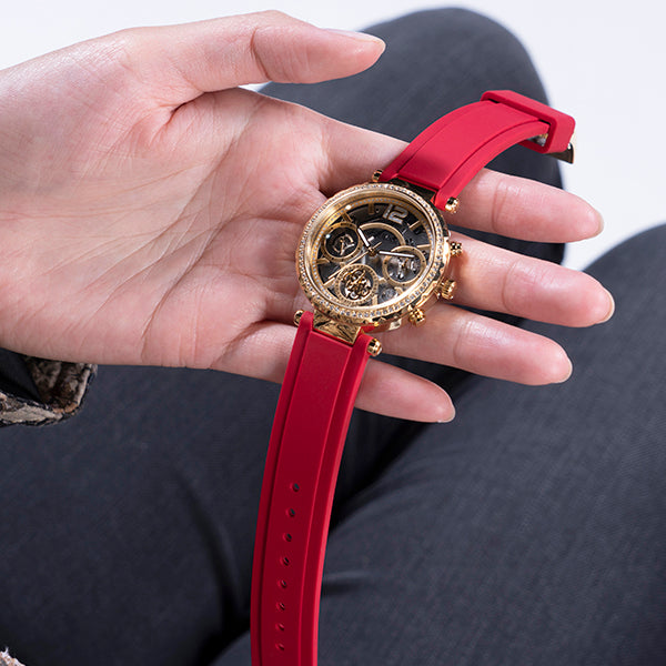 Guess Solstice Diamonds Gold Dial Red Rubber Strap Watch for Women - GW0484L1 Buy Now By Guess