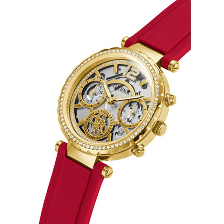Guess Solstice Diamonds Gold Dial Red Rubber Strap Watch for Women - GW0484L1 Buy Now By Guess