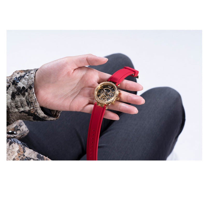 Guess Solstice Diamonds Gold Dial Red Rubber Strap Watch for Women - GW0484L1 Buy Now By Guess