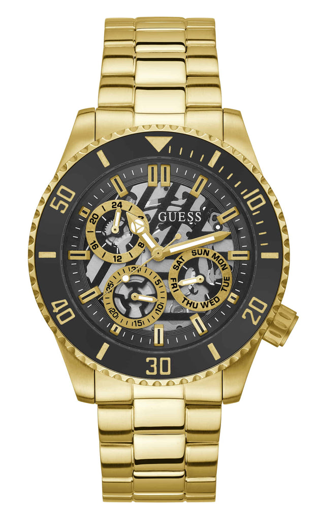 Guess Axle Multifunction Black Dial Gold Steel Strap Watch For Men - GW0488G2 Buy Now By Guess