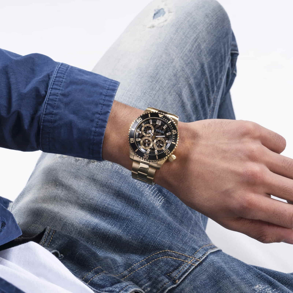 Guess Axle Multifunction Black Dial Gold Steel Strap Watch For Men - GW0488G2 Buy Now By Guess