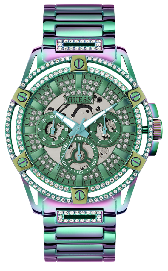Guess King Iridescent Multifunction Multicolor Dial Purple Steel Strap Watch For Men - GW0497G3 Buy Now By Guess