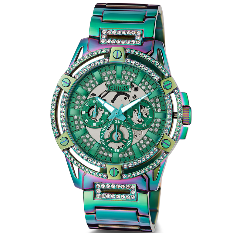 Guess King Iridescent Multifunction Multicolor Dial Purple Steel Strap Watch For Men - GW0497G3 Buy Now By Guess