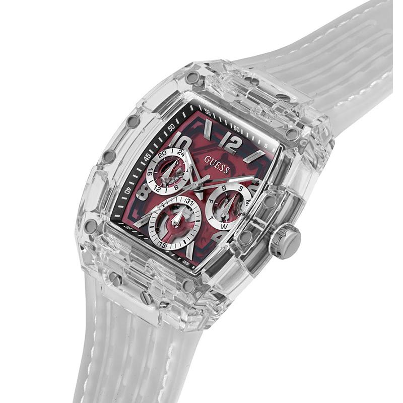Guess Phoenix Quartz Burgundy Dial Transparent Silicone Strap Watch For Men - GW0499G9 Buy Now By Guess