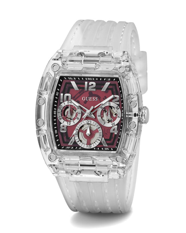 Guess Phoenix Quartz Burgundy Dial Transparent Silicone Strap Watch For Men - GW0499G9 Buy Now By Guess