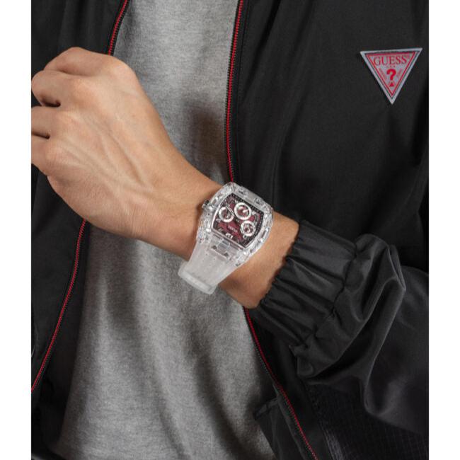 Guess Phoenix Quartz Burgundy Dial Transparent Silicone Strap Watch For Men - GW0499G9 Buy Now By Guess