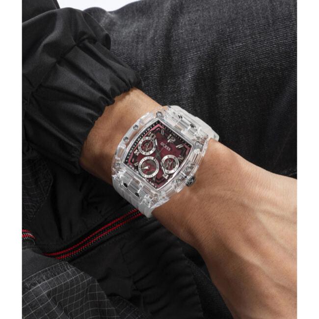 Guess Phoenix Quartz Burgundy Dial Transparent Silicone Strap Watch For Men - GW0499G9 Buy Now By Guess