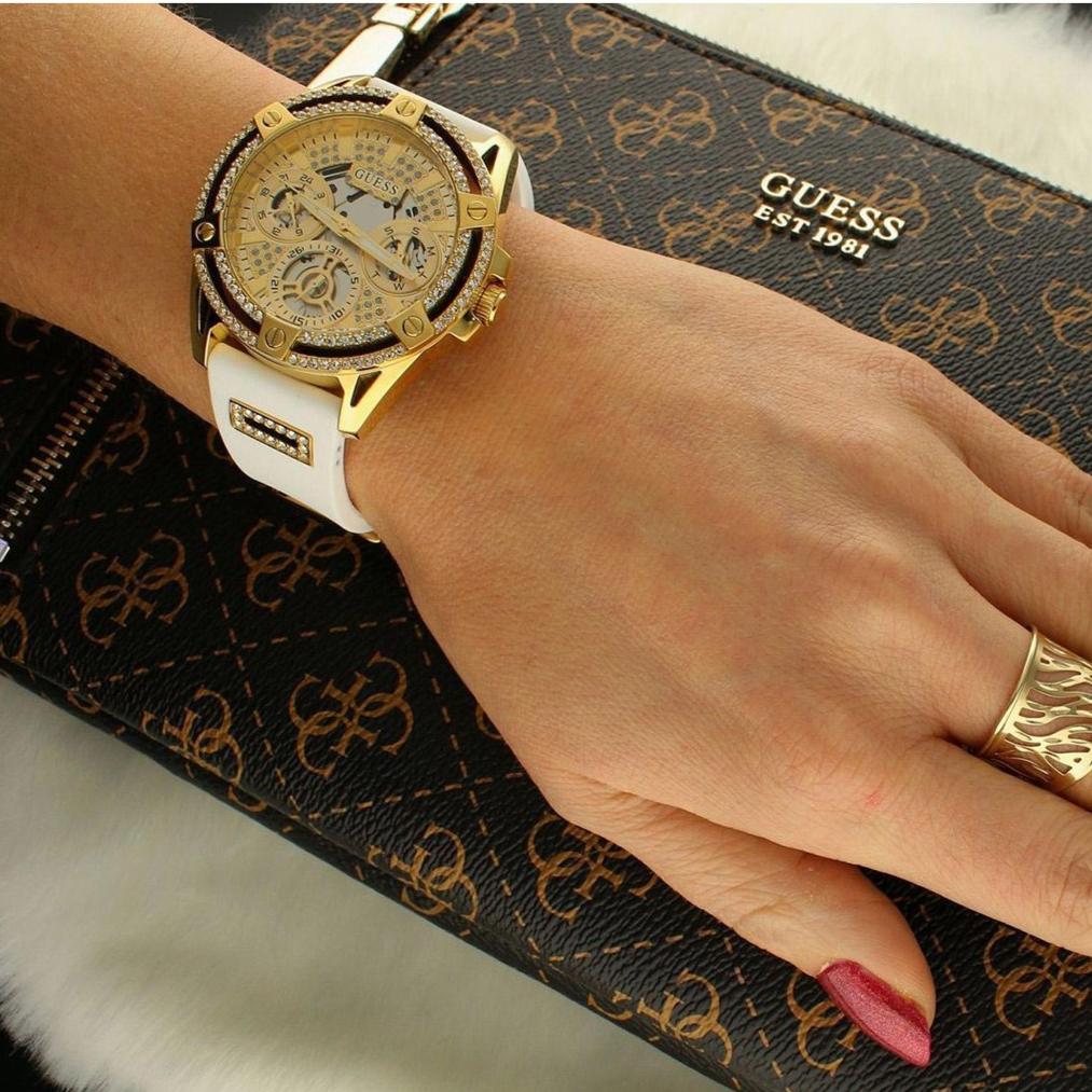 Guess Queen Quartz Gold Dial White Silicone Strap Watch For Women - GW0536L2 Buy Now By Guess