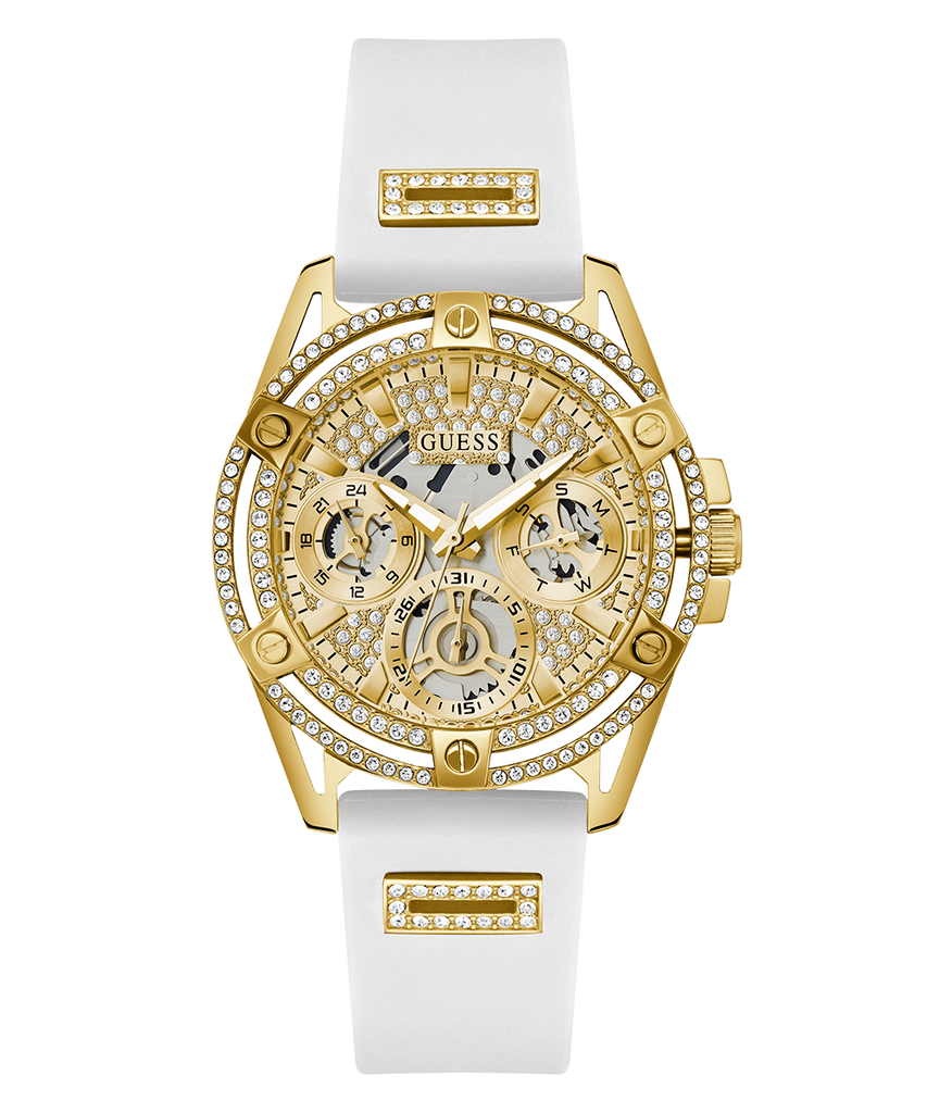 Guess Queen Quartz Gold Dial White Silicone Strap Watch For Women - GW0536L2 Buy Now By Guess