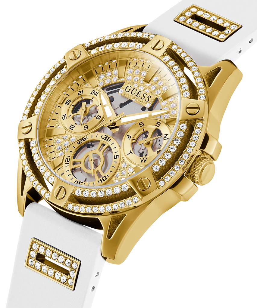 Guess Queen Quartz Gold Dial White Silicone Strap Watch For Women - GW0536L2 Buy Now By Guess