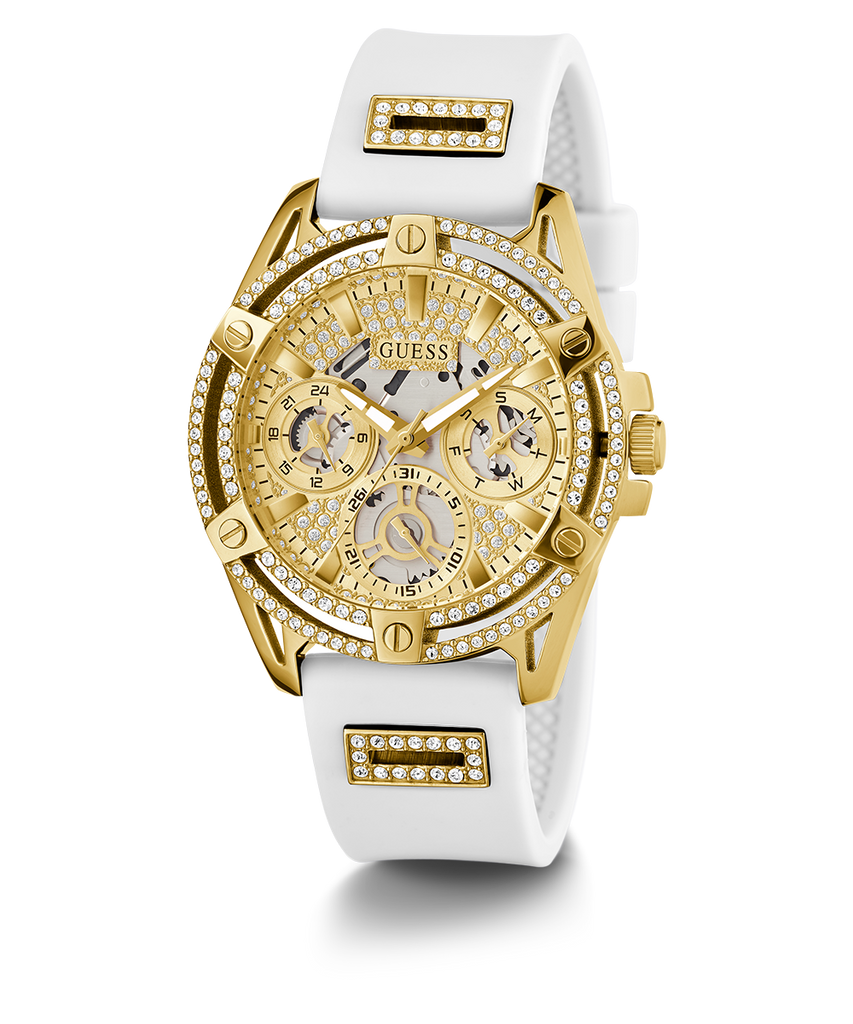 Guess Queen Quartz Gold Dial White Silicone Strap Watch For Women - GW0536L2 Buy Now By Guess