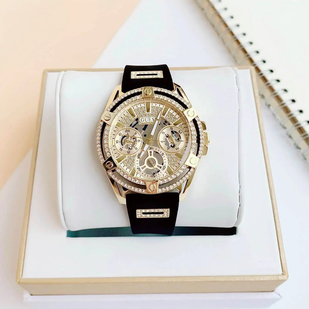 Guess Queen Quartz Gold Dial Black Silicone Strap Watch For Women - GW0536L3 Buy Now By Guess