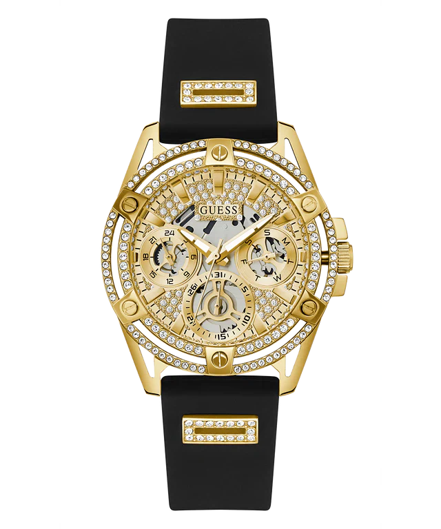 Guess Queen Quartz Gold Dial Black Silicone Strap Watch For Women - GW0536L3 Buy Now By Guess