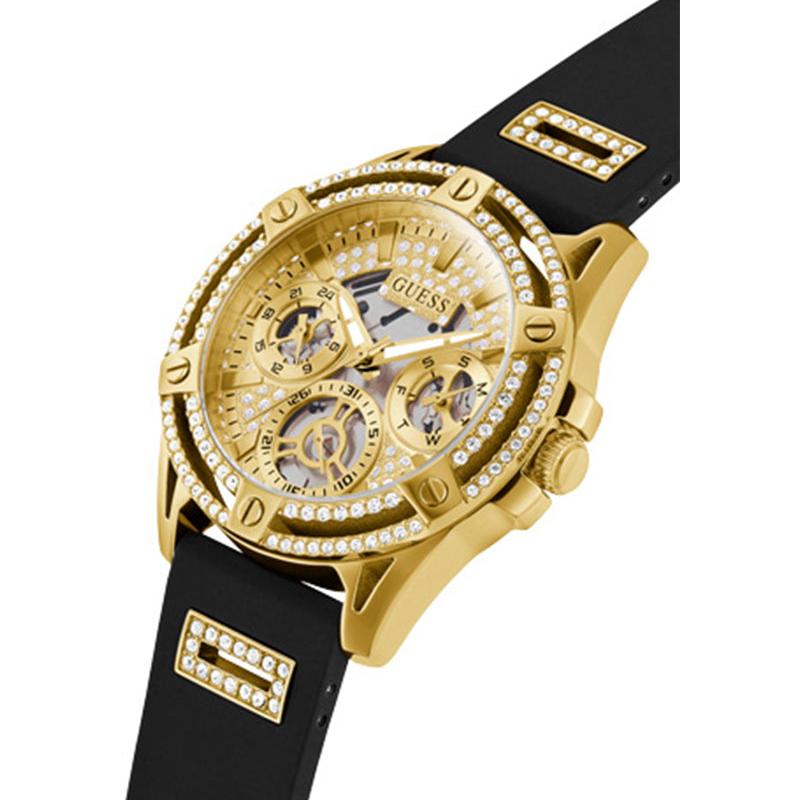 Guess Queen Quartz Gold Dial Black Silicone Strap Watch For Women - GW0536L3 Buy Now By Guess