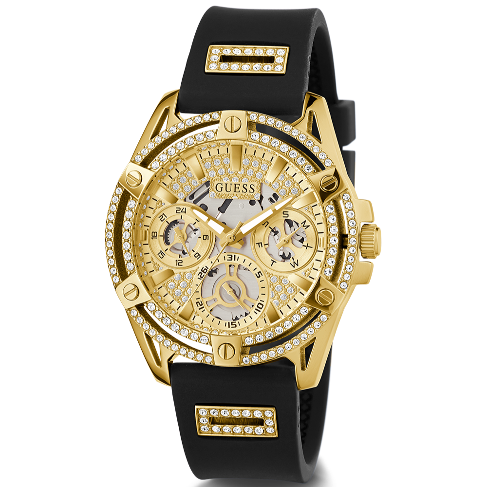 Guess Queen Quartz Gold Dial Black Silicone Strap Watch For Women - GW0536L3 Buy Now By Guess