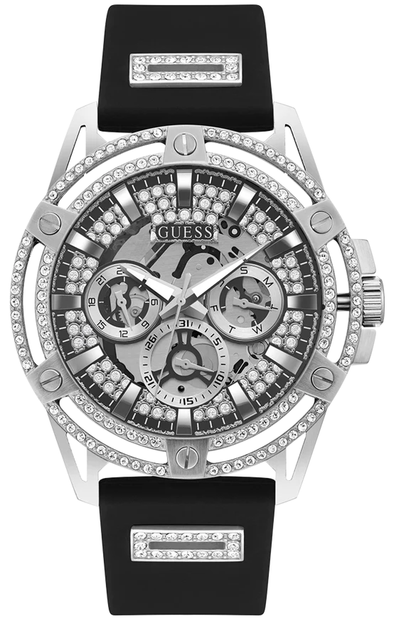 Guess King Quartz Crystals Silver Dial Black Silicone Strap Watch For Men - GW0537G1 Buy Now By Guess