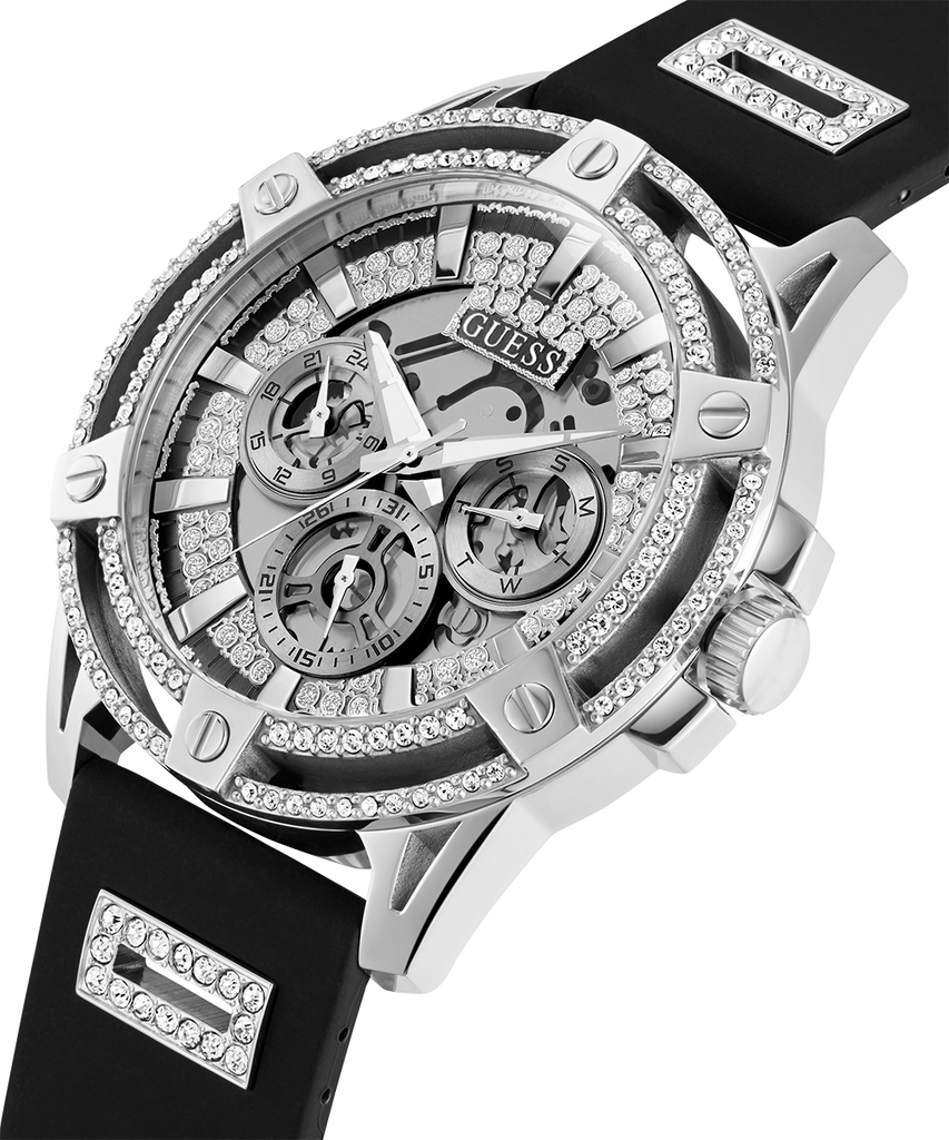 Guess King Quartz Crystals Silver Dial Black Silicone Strap Watch For Men - GW0537G1 Buy Now By Guess