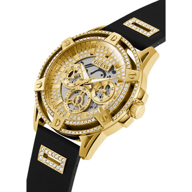 Guess King Quartz Crystals Gold Dial Black Silicone Strap Watch For Men - GW0537G2 Buy Now By Guess