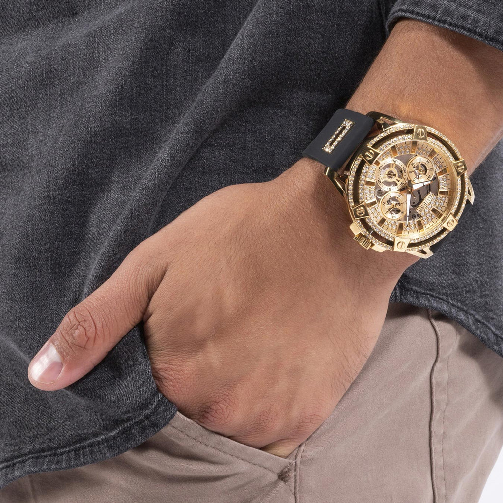 Guess King Quartz Crystals Gold Dial Black Silicone Strap Watch For Men - GW0537G2 Buy Now By Guess