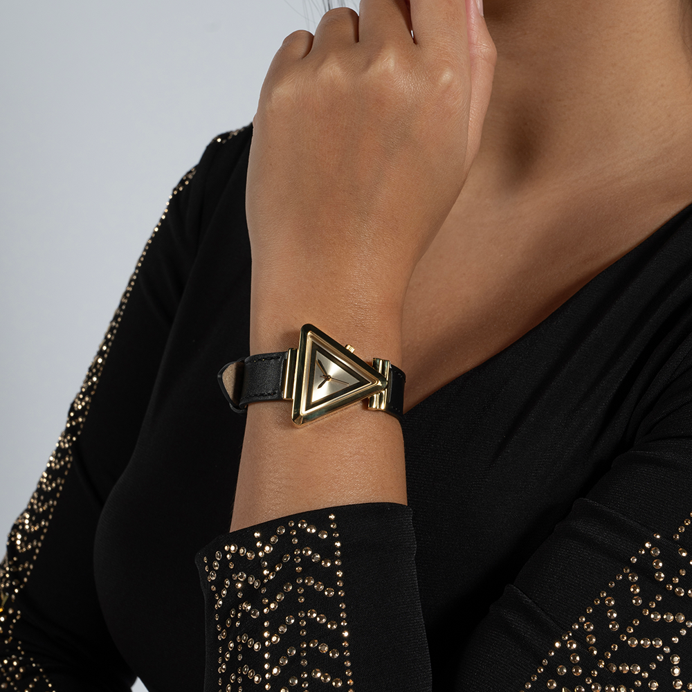 Guess Fame Quartz Gold Dial Black Leather Strap Watch For Women - GW0548L3 Buy Now By Guess