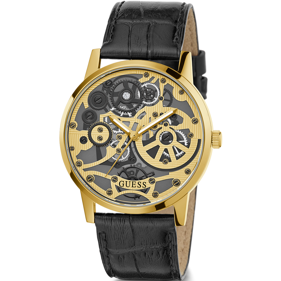 Guess Gadget Gold Dial Black Leather Strap Watch for Men - GW0570G1 Buy Now By Guess