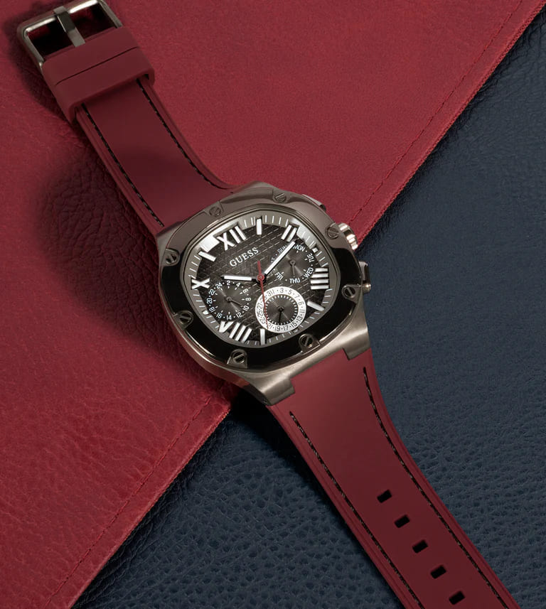 Guess Headline Multifunction Grey Dial Burgundy Silicone Strap Watch For Men - GW0571G4 Buy Now By Guess