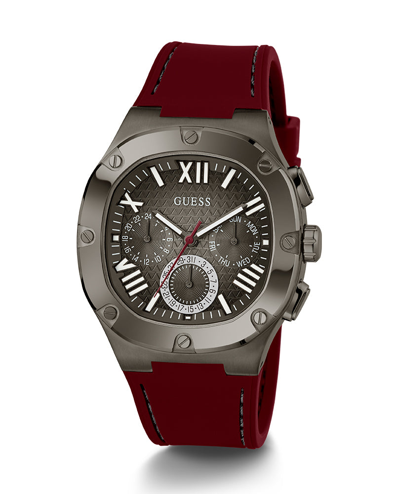 Guess Headline Multifunction Grey Dial Burgundy Silicone Strap Watch For Men - GW0571G4 Buy Now By Guess