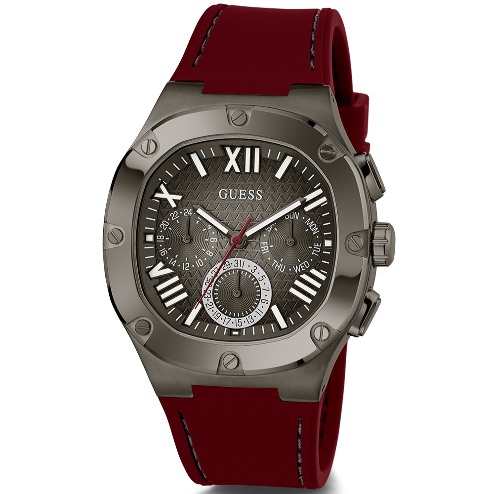 Guess Headline Multifunction Grey Dial Burgundy Silicone Strap Watch For Men - GW0571G4 Buy Now By Guess