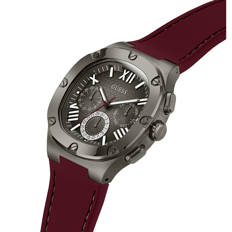 Guess Headline Multifunction Grey Dial Burgundy Silicone Strap Watch For Men - GW0571G4 Buy Now By Guess