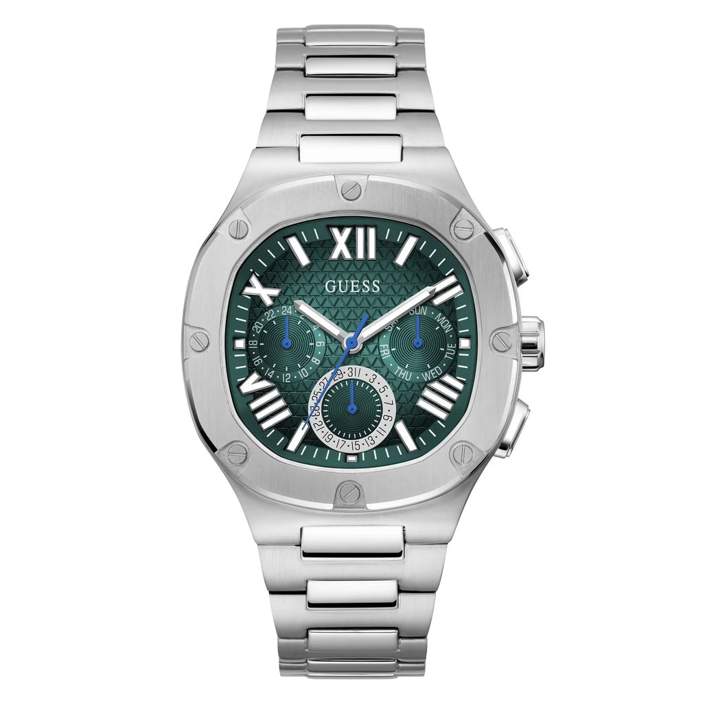 Guess Headline Quartz Green Dial Silver Steel Strap Watch For Men - GW0572G6 Buy Now By Guess