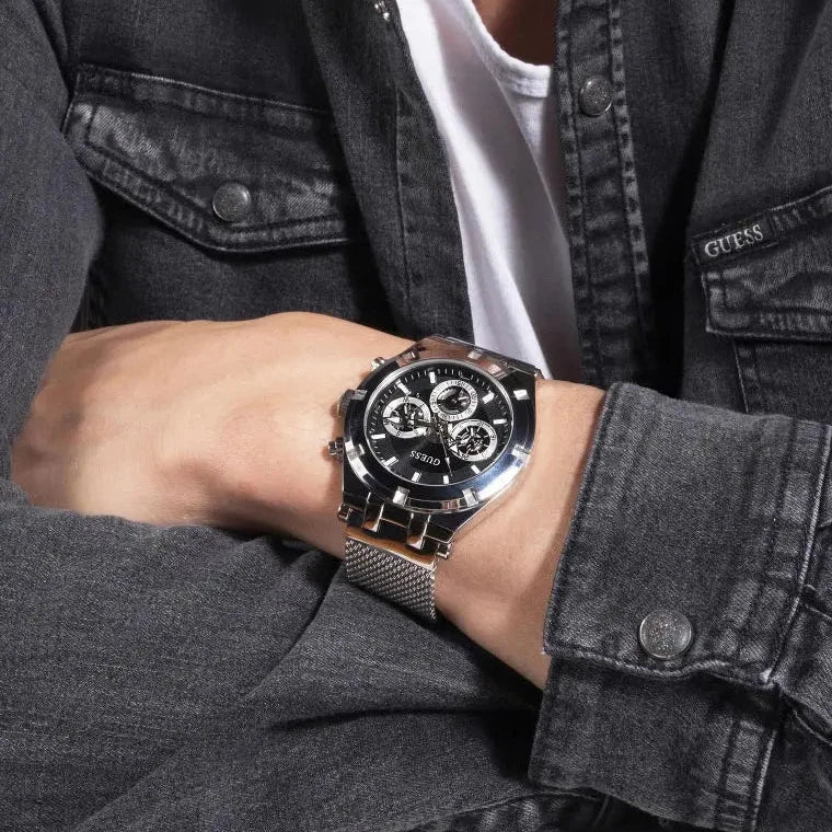 Guess Continental Quartz Black Dial Silver Mesh Strap Watch For Men - GW0582G1 Buy Now By Guess