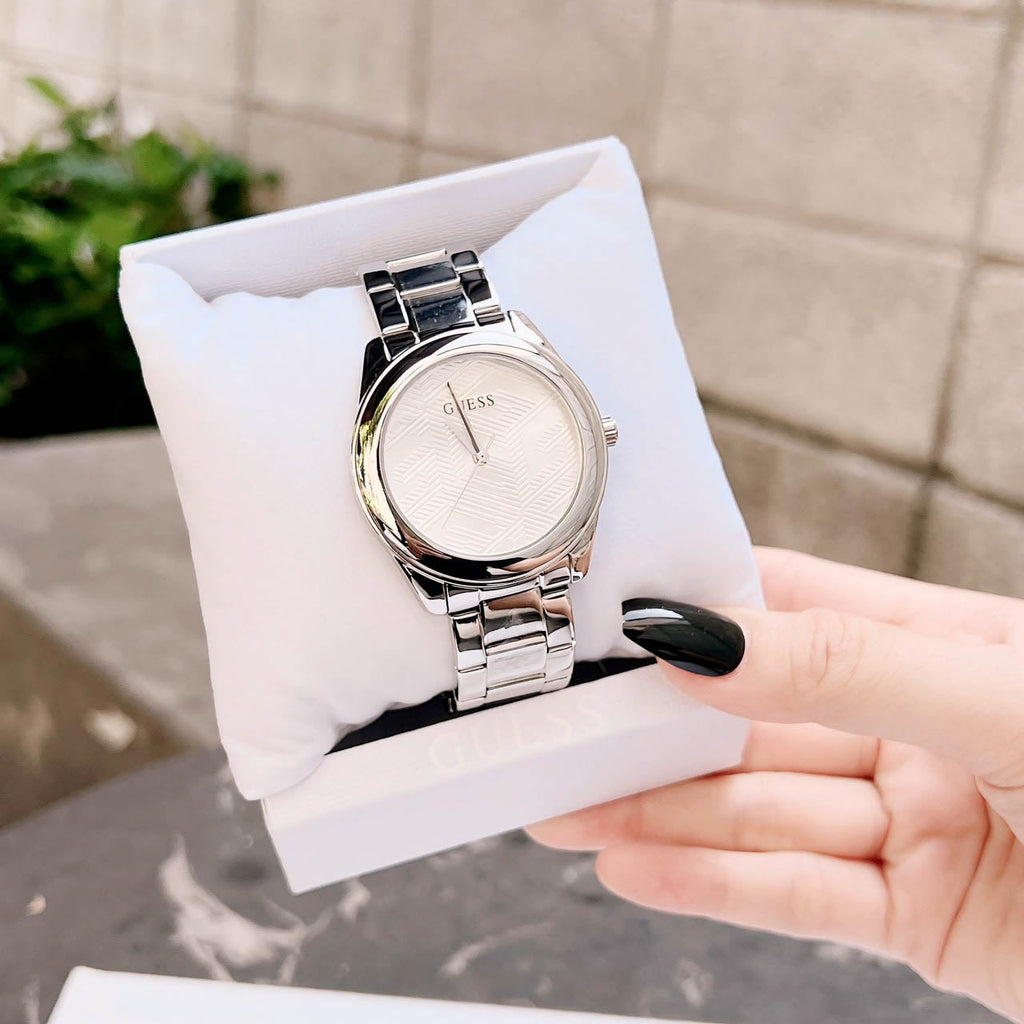 Guess Cubed Analog Silver Dial Silver Steel Strap Watch For Women - GW0606L1 Buy Now By Guess