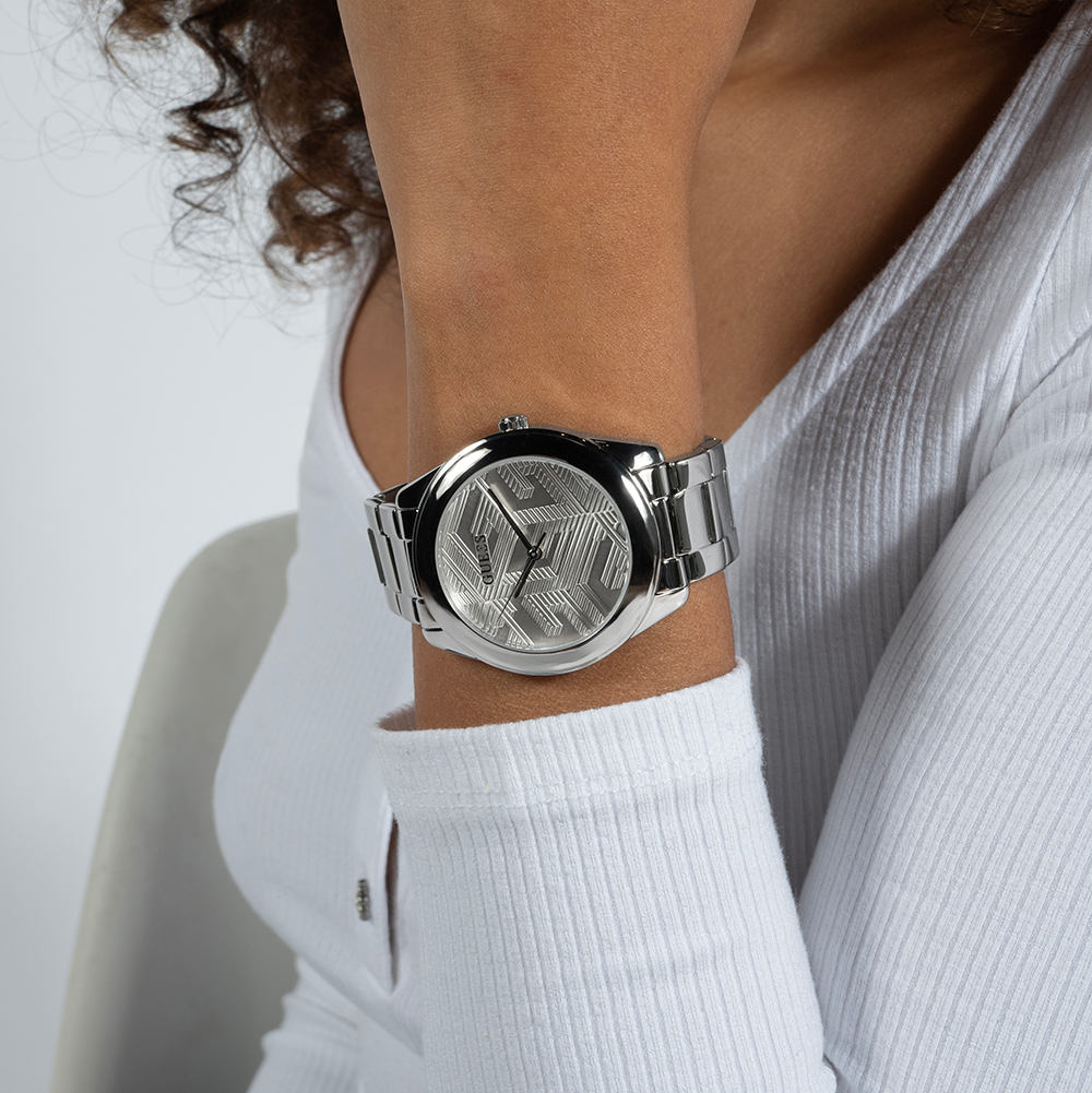 Guess Cubed Analog Silver Dial Silver Steel Strap Watch For Women - GW0606L1 Buy Now By Guess
