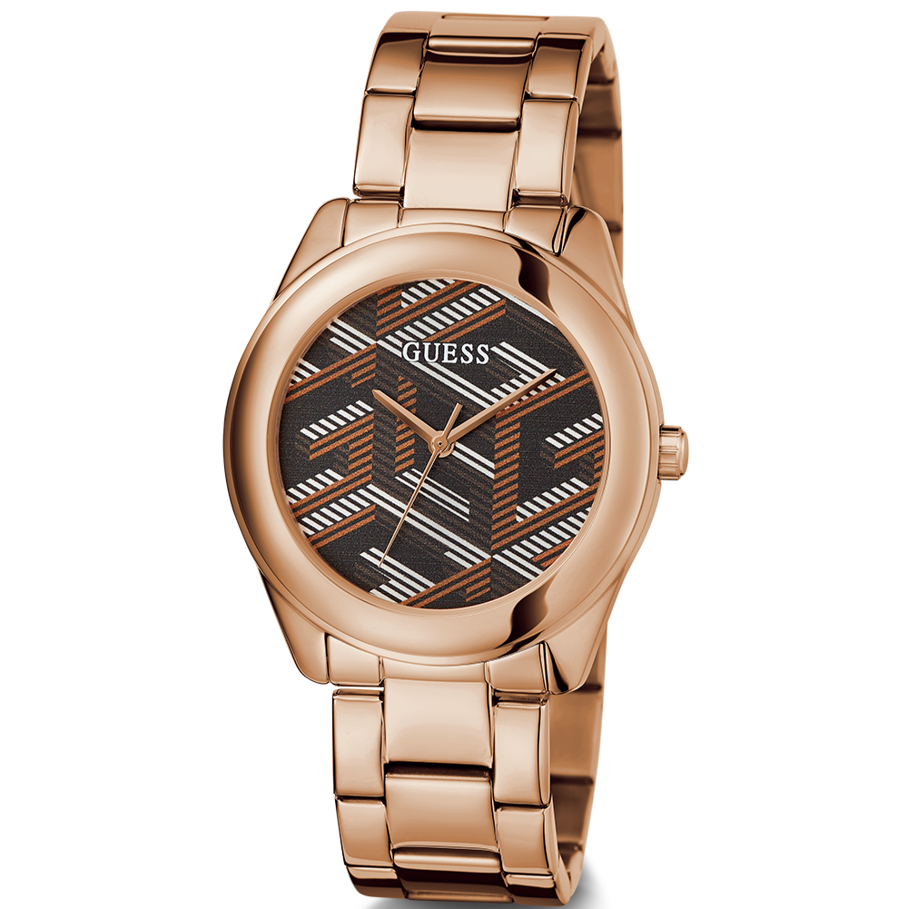 Guess Cubed Analog Black Dial Rose Gold Steel Strap Watch For Women - GW0607L3 Buy Now By Guess