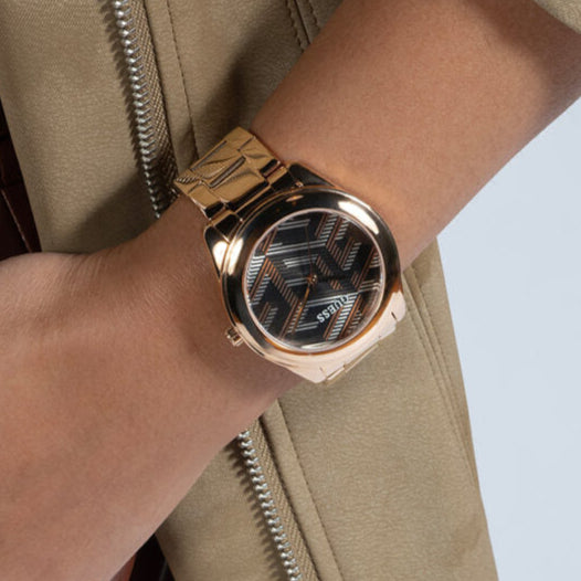 Guess Cubed Analog Black Dial Rose Gold Steel Strap Watch For Women - GW0607L3 Buy Now By Guess