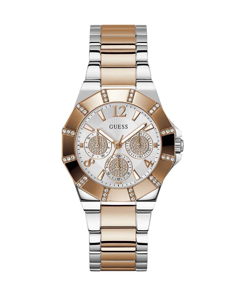 Guess Sunray Multifunction Crystals Silver Dial Two Tone Steel Strap Watch For Women - GW0616L3 Buy Now By Guess