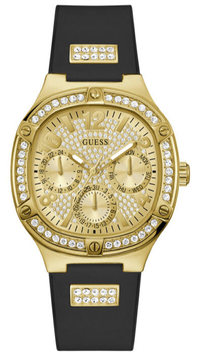 Guess Duchess Crystals Gold Dial Black Silicon Strap Watch For Women - GW0619L2 Buy Now By Guess