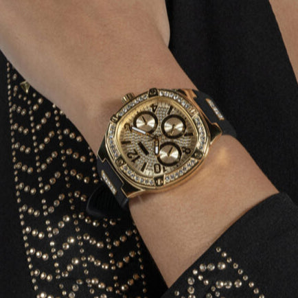 Guess Duchess Crystals Gold Dial Black Silicon Strap Watch For Women - GW0619L2 Buy Now By Guess
