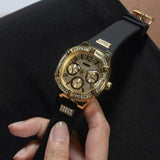 Guess Duchess Crystals Gold Dial Black Silicon Strap Watch For Women - GW0619L2 Buy Now By Guess