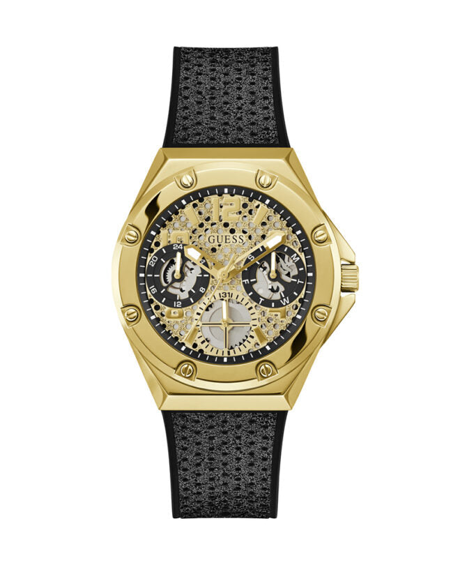 Guess Asteria Multifunction Gold Dial Black Rubber Strap Watch For Women - GW0620L2 Buy Now By Guess