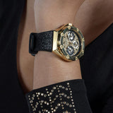 Guess Asteria Multifunction Gold Dial Black Rubber Strap Watch For Women - GW0620L2