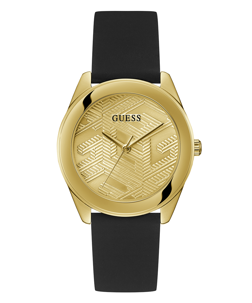 Guess Cubed Analog Gold Dial Black Silicone Strap Watch For Women - GW0665L1 Buy Now By Guess