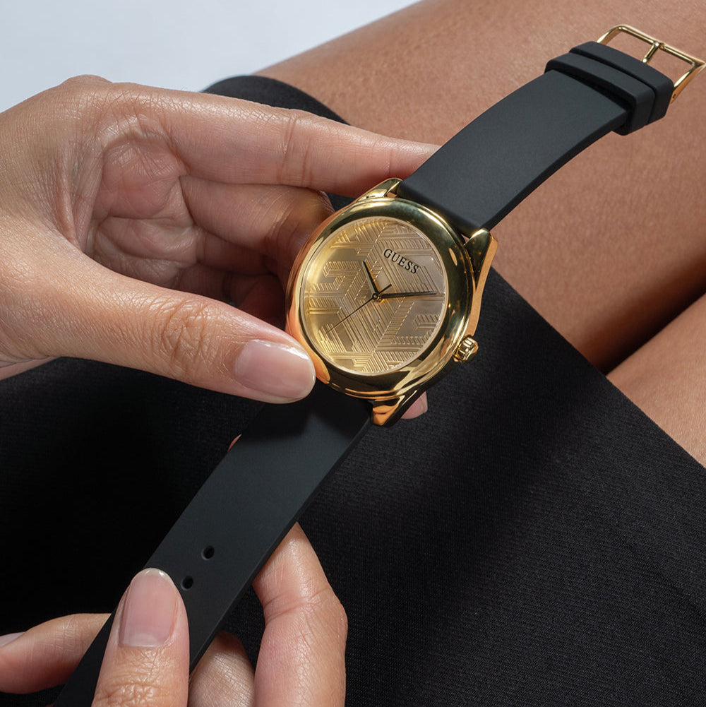 Guess Cubed Analog Gold Dial Black Silicone Strap Watch For Women - GW0665L1 Buy Now By Guess