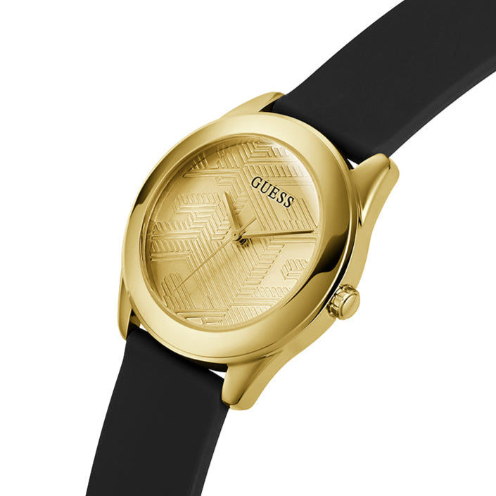 Guess Cubed Analog Gold Dial Black Silicone Strap Watch For Women - GW0665L1 Buy Now By Guess