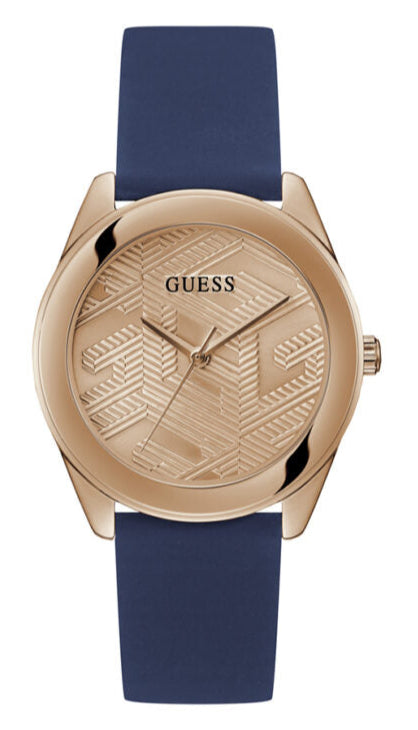 Guess Cubed Analog Rose Gold Dial Blue Leather Strap Watch For Women - GW0665L2 Buy Now By Guess