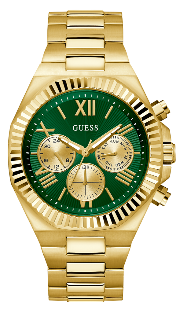 Guess Equity Analog Green Dial Gold Steel Strap Watch For Men - GW0703G2 Buy Now By Guess