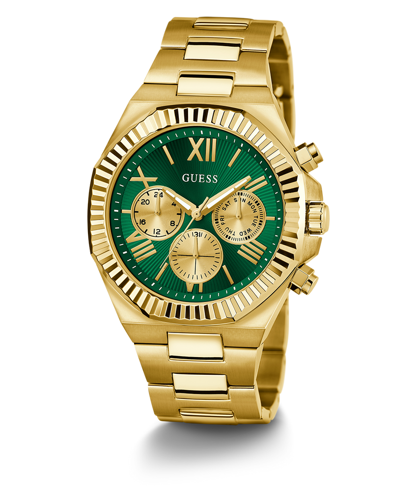 Guess Equity Analog Green Dial Gold Steel Strap Watch For Men - GW0703G2 Buy Now By Guess