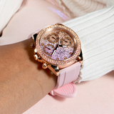 Guess Sparkling Chronograph Crystals Pink Dial Pink Silicone Strap Watch For Women - GW0032L4 Buy Now By Guess