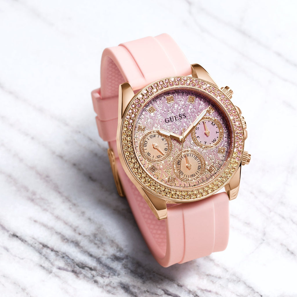 Guess Sparkling Chronograph Crystals Pink Dial Pink Silicone Strap Watch For Women - GW0032L4 Buy Now By Guess