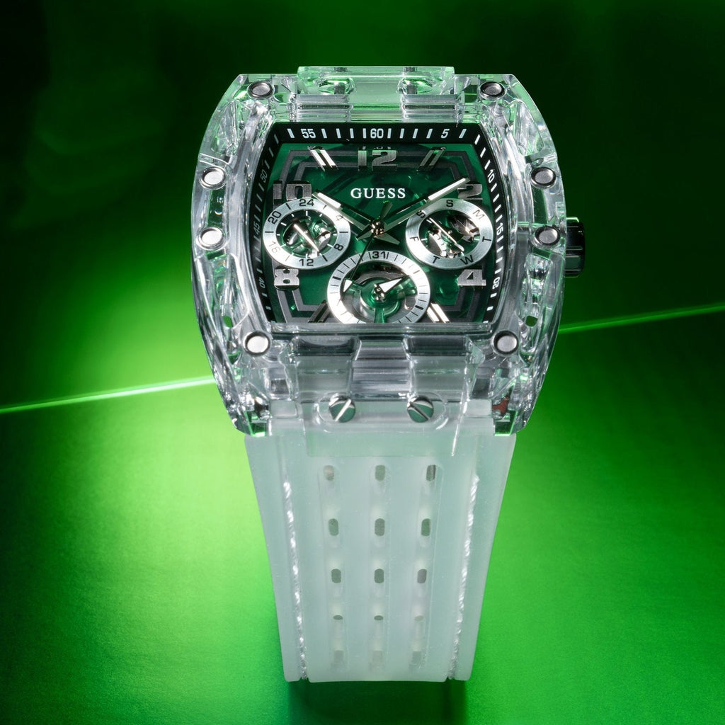 Guess Phoenix Quartz Green Dial Transparent Silicone Strap Watch For Men - GW0499G8 Buy Now By Guess